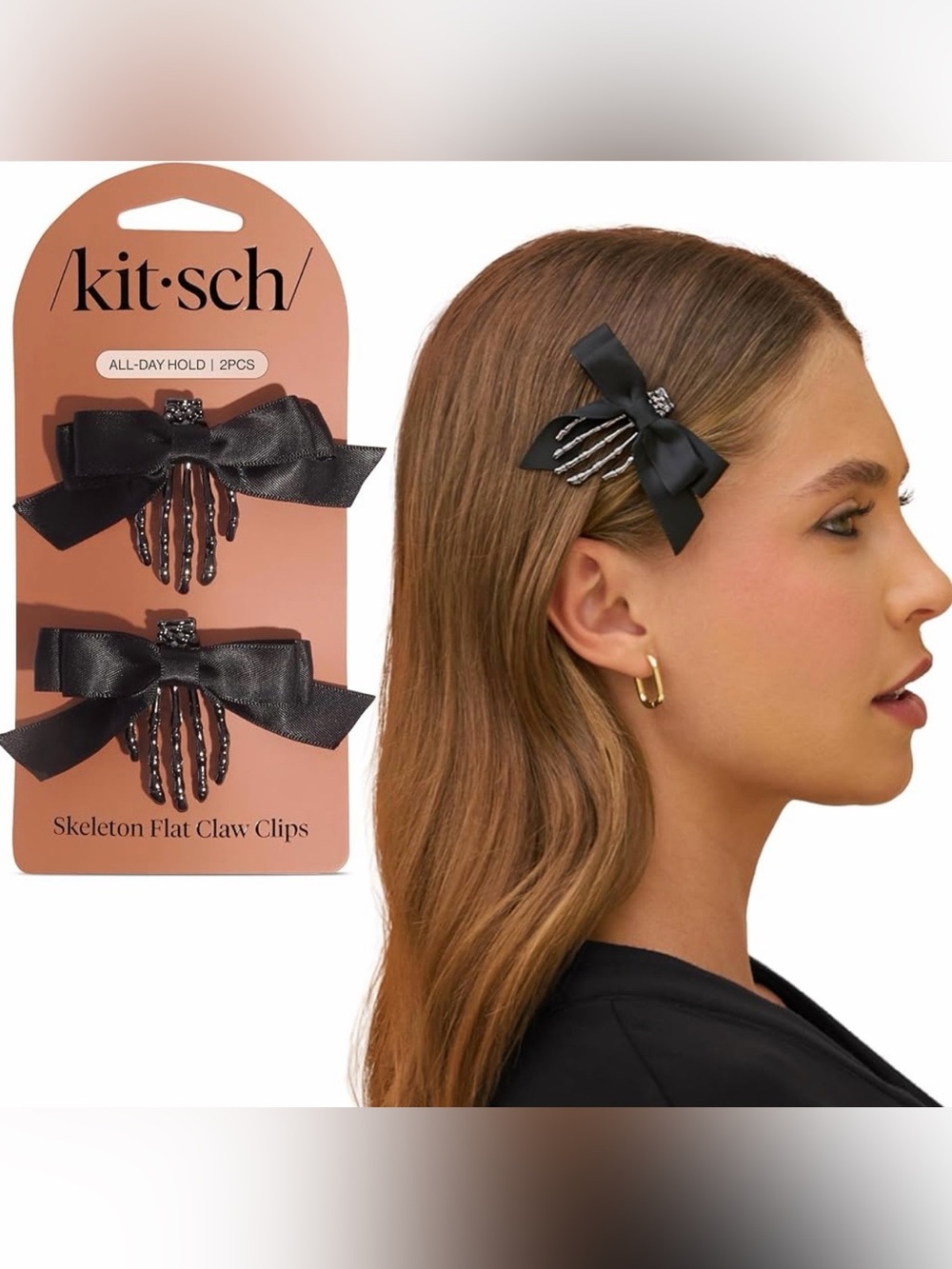 Kitsch Black Ribbon Skeleton Claw Clips - 2 Pack